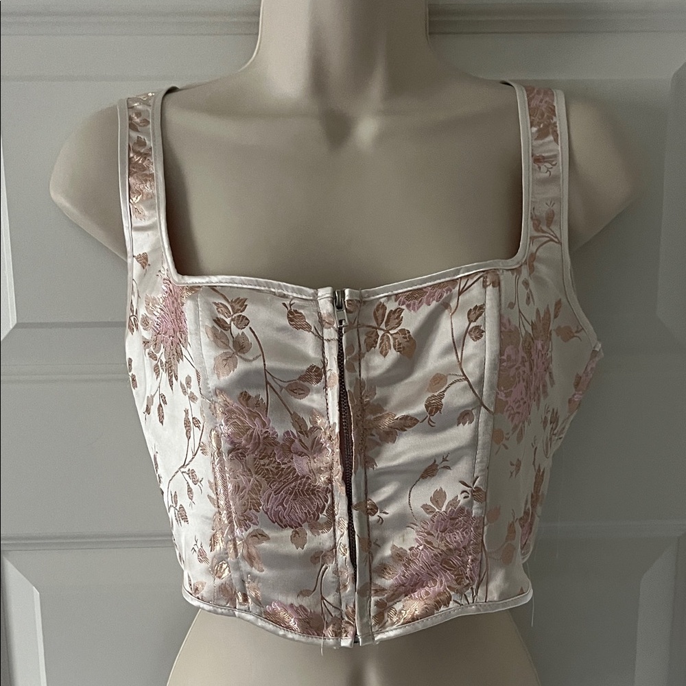 PrettyLittleThing Cream and Blush Floral Satin Corset Tank Top